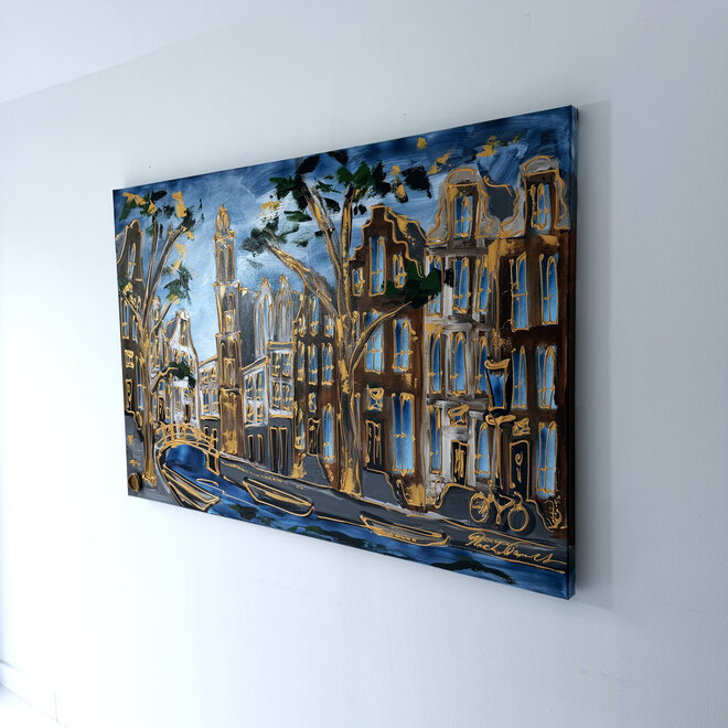 Schilderij- Rick Triest - 100x150 cm - Amsterdam Signature Gold Series - Prinsengracht - Blue & Gold # 1268 - Westertoren