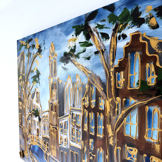 Painting - Rick Triest - 100x150 cm - Amsterdam Signature Gold Series - Prinsengracht - Blue & Gold # 1268 - Westertoren