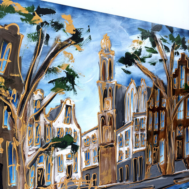 Schilderij- Rick Triest - 100x150 cm - Amsterdam Signature Gold Series - Prinsengracht - Blue & Gold # 1268 - Westertoren