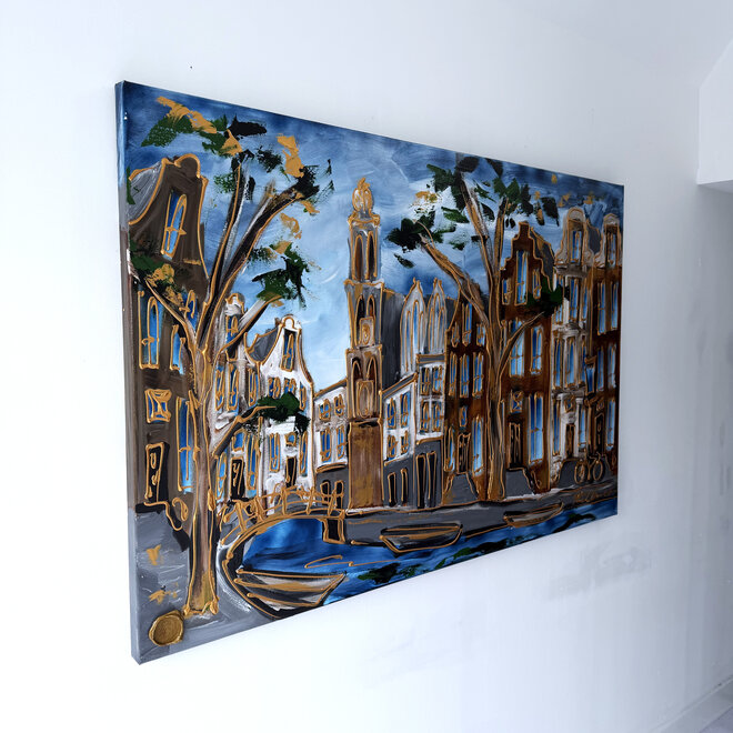 Schilderij- Rick Triest - 100x150 cm - Amsterdam Signature Gold Series - Prinsengracht - Blue & Gold # 1268 - Westertoren
