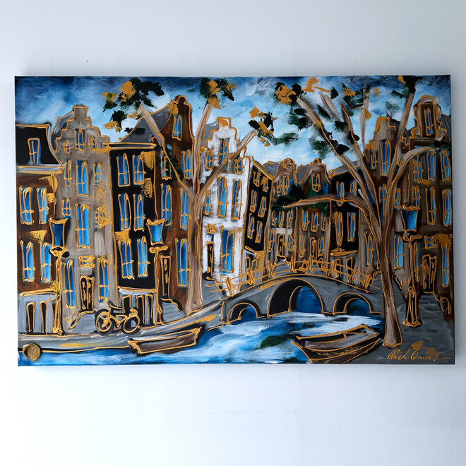 Schilderij- 100x150 cm  - Amsterdam Signature Gold Series - Prinsengracht - Blue & Gold # 1269