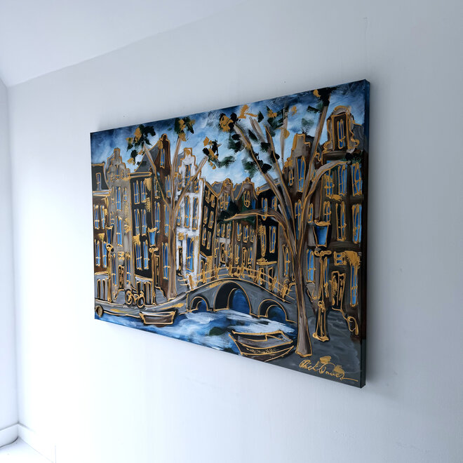 Painting - Rick Triest - 100x150 cm - Amsterdam Signature Gold Series - Prinsengracht - Blue & Gold # 1269