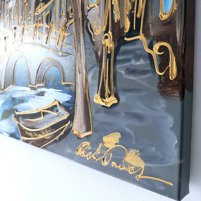 Schilderij- Rick Triest - 100x150 cm - Amsterdam Signature Gold Series - Prinsengracht - Blue & Gold # 1269