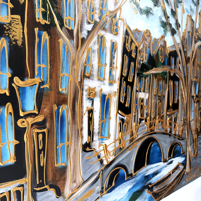 Schilderij- Rick Triest - 100x150 cm - Amsterdam Signature Gold Series - Prinsengracht - Blue & Gold # 1269