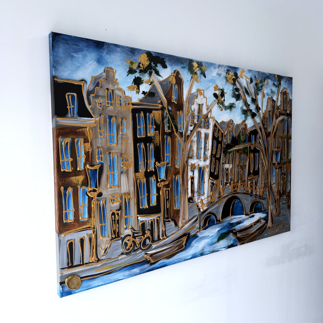 Schilderij- Rick Triest - 100x150 cm - Amsterdam Signature Gold Series - Prinsengracht - Blue & Gold # 1269