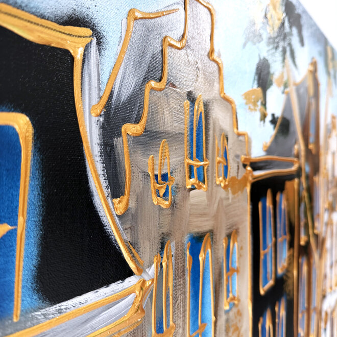 Schilderij- Rick Triest - 100x150 cm - Amsterdam Signature Gold Series - Prinsengracht - Blue & Gold # 1269