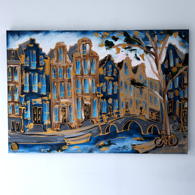 Schilderij- 100x150 cm  - Amsterdam Signature Gold Series - Prinsengracht - Blue & Gold # 1270