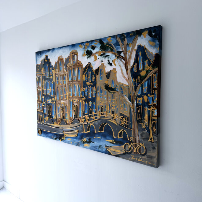 Painting - Rick Triest - 100x150 cm - Amsterdam Signature Gold Series - Prinsengracht - Blue & Gold # 1270