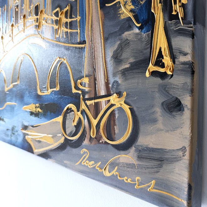 Schilderij- Rick Triest - 100x150 cm  - Amsterdam Signature Gold Series - Prinsengracht - Blue & Gold # 1270