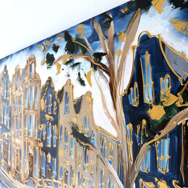 Schilderij- Rick Triest - 100x150 cm  - Amsterdam Signature Gold Series - Prinsengracht - Blue & Gold # 1270
