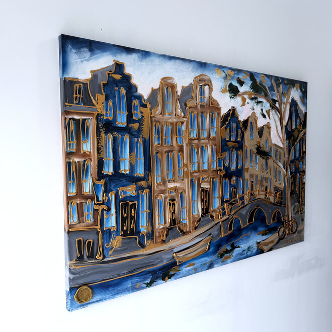 Painting - Rick Triest - 100x150 cm - Amsterdam Signature Gold Series - Prinsengracht - Blue & Gold # 1270