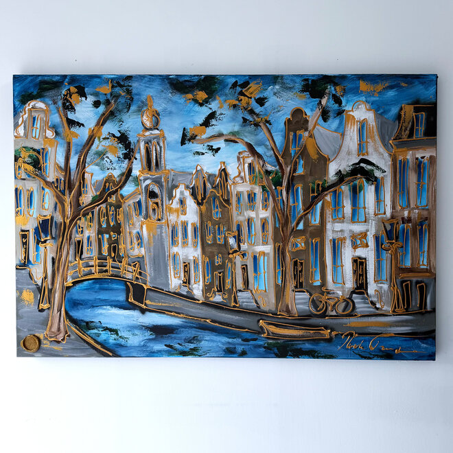 Schilderij- Rick Triest - 100x150 cm  - Amsterdam Signature Gold Series - Prinsengracht - Blue & Gold # 1272 - Westertoren