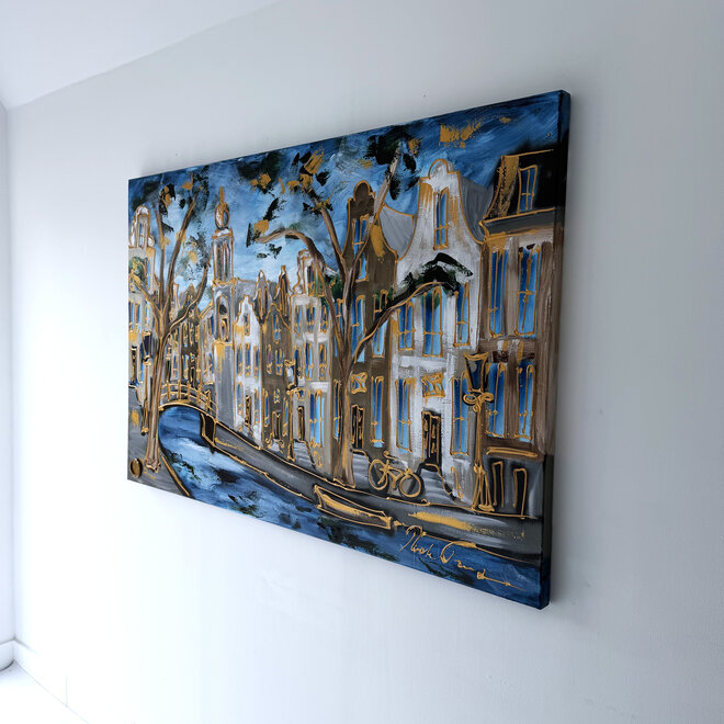 Painting - Rick Triest - 100x150 cm - Amsterdam Signature Gold Series - Prinsengracht - Blue & Gold # 1272 - Westertoren