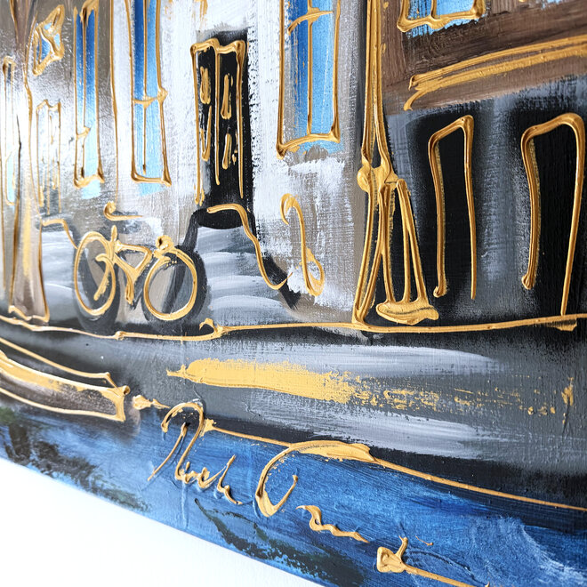 Schilderij- Rick Triest - 100x150 cm  - Amsterdam Signature Gold Series - Prinsengracht - Blue & Gold # 1272 - Westertoren