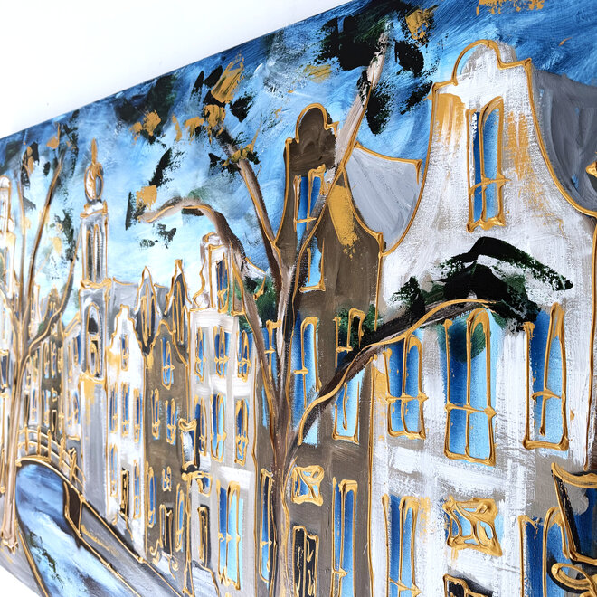 Schilderij- Rick Triest - 100x150 cm  - Amsterdam Signature Gold Series - Prinsengracht - Blue & Gold # 1272 - Westertoren