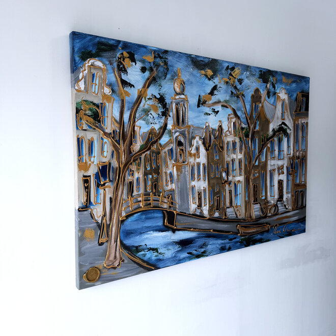 Painting - Rick Triest - 100x150 cm - Amsterdam Signature Gold Series - Prinsengracht - Blue & Gold # 1272 - Westertoren