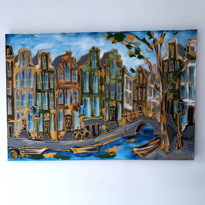 Schilderij- Rick Triest - 100x150 cm - Amsterdam Signature Gold Series - Prinsengracht - Blue & Gold # 1273