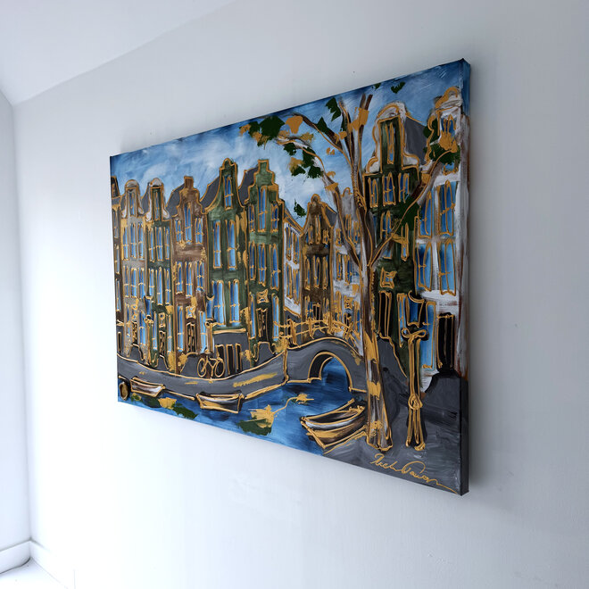 Schilderij- Rick Triest - 100x150 cm - Amsterdam Signature Gold Series - Prinsengracht - Blue & Gold # 1273