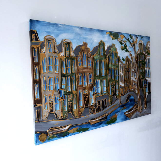 Schilderij- Rick Triest - 100x150 cm - Amsterdam Signature Gold Series - Prinsengracht - Blue & Gold # 1273