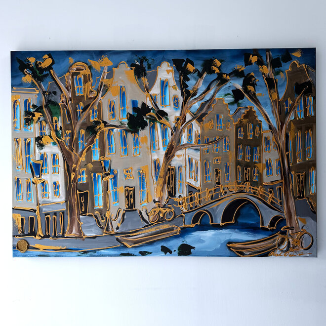 Painting - Rick Triest - 100x150 cm - Amsterdam Signature Gold Series - Prinsengracht - Blue & Gold # 1274
