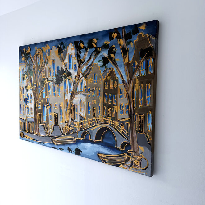 Painting - Rick Triest - 100x150 cm - Amsterdam Signature Gold Series - Prinsengracht - Blue & Gold # 1274