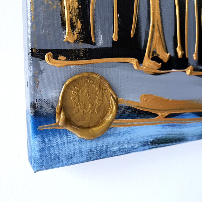 Schilderij- Rick Triest - 100x150 cm - Amsterdam Signature Gold Series - Prinsengracht - Blue & Gold # 1274