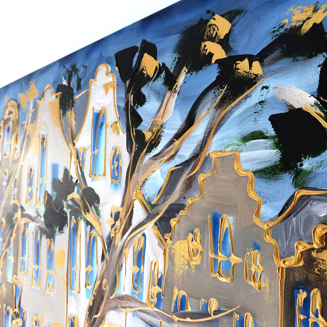 Painting - Rick Triest - 100x150 cm - Amsterdam Signature Gold Series - Prinsengracht - Blue & Gold # 1274