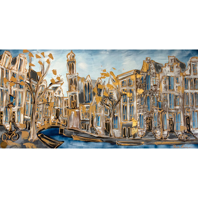 Schilderij- 100x200cm - Amsterdam Prinsengracht Blue & Gold - Westertoren