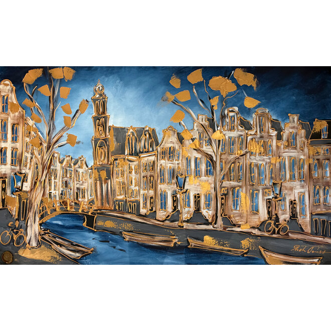 Schilderij- Rick Triest - 120x200 cm - Amsterdam Prinsengracht by night - Blue & Gold - Westertoren