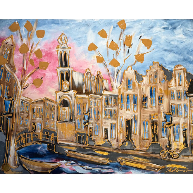 Painting- 120x150cm - Rick Triest - Amsterdam Prinsengracht - Sky Blue & Gold - Westertoren