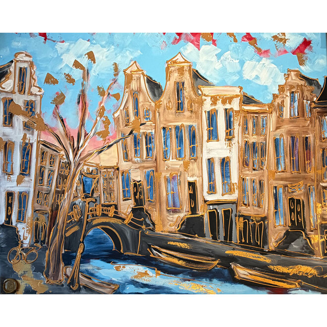 Painting- 120x150cm - Amsterdam Spiegelgracht - Sky Blue & Gold