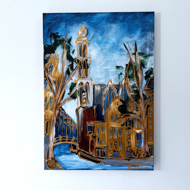 Schilderij - 70x100 cm - Rick Triest -  Amsterdam Westertoren - Blue & Gold #21