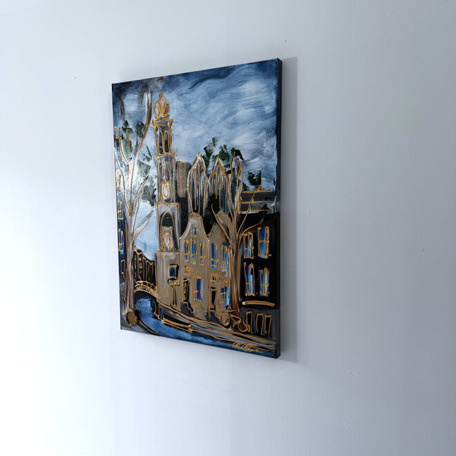Schilderij - 70x100 cm - Rick Triest - Amsterdam Westertoren - Blue & Gold #22