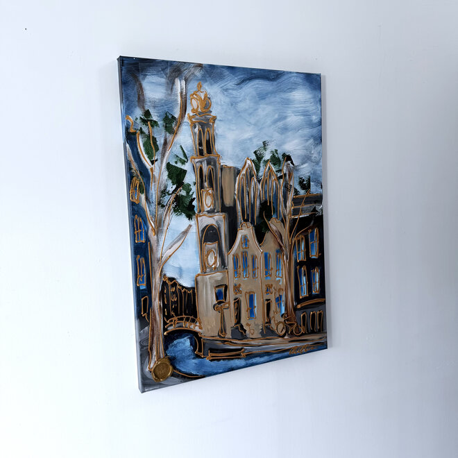 Schilderij - 70x100 cm - Rick Triest - Amsterdam Westertoren - Blue & Gold #22