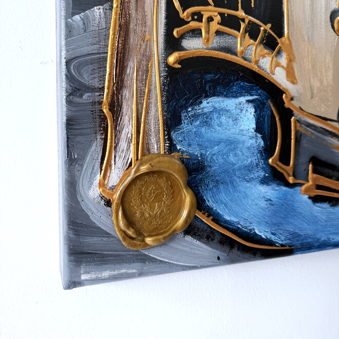 Schilderij - 70x100 cm - Rick Triest - Amsterdam Westertoren - Blue & Gold #22