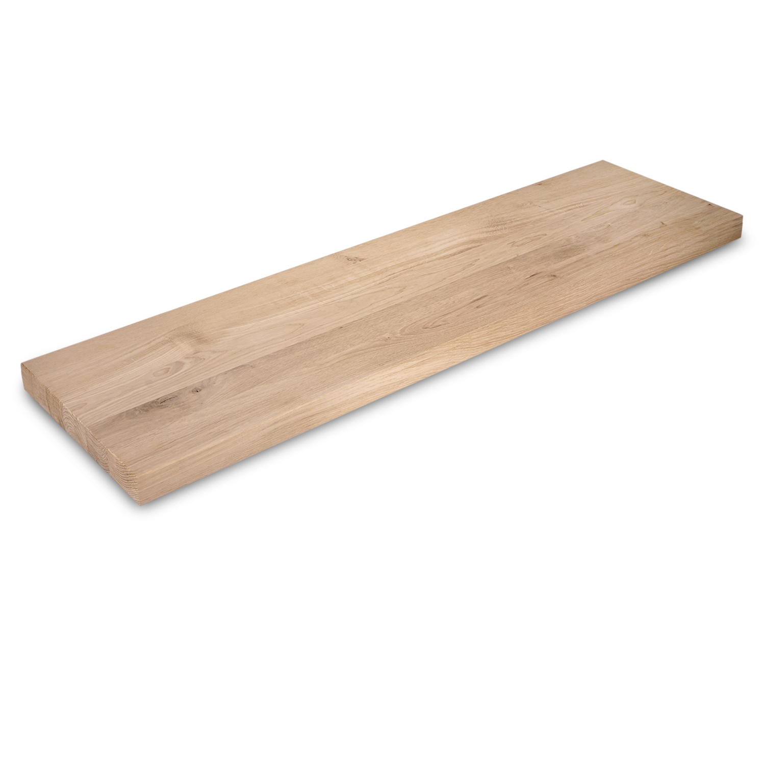  Eiken wandplank zwevend - op maat - 4 cm dik (1-laag) - rustiek - voorgeboord inclusief (blinde) bevestigingsbeugels - verlijmd Europees eikenhout rustiek - kd 8-12% - 20-29x50-350 cm