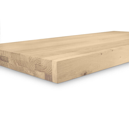 Eiken blad - op maat - 6 cm dik - 3-laags opgedikt (hol) - rustiek eikenhout (B/C) - verlijmd paneel, smalle lamel - 60 mm Eiken blad - op maat - 6 cm dik - 3-laags opgedikt (hol) - rustiek eikenhout (B/C) - verlijmd paneel, smalle lamel - 60 mm