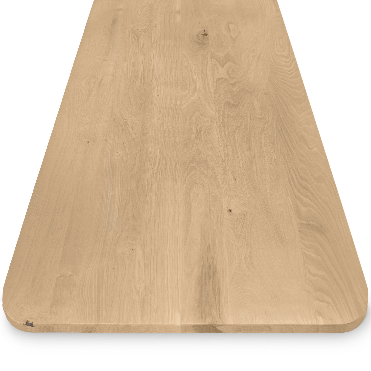  Eiken tafelblad met ronde hoeken op maat - 2,7 cm dik (1-laag) - rustiek Europees eikenhout - met brede lamellen (circa 10-12 cm) - verlijmd kd 8-12% - 50-120x50-248 cm