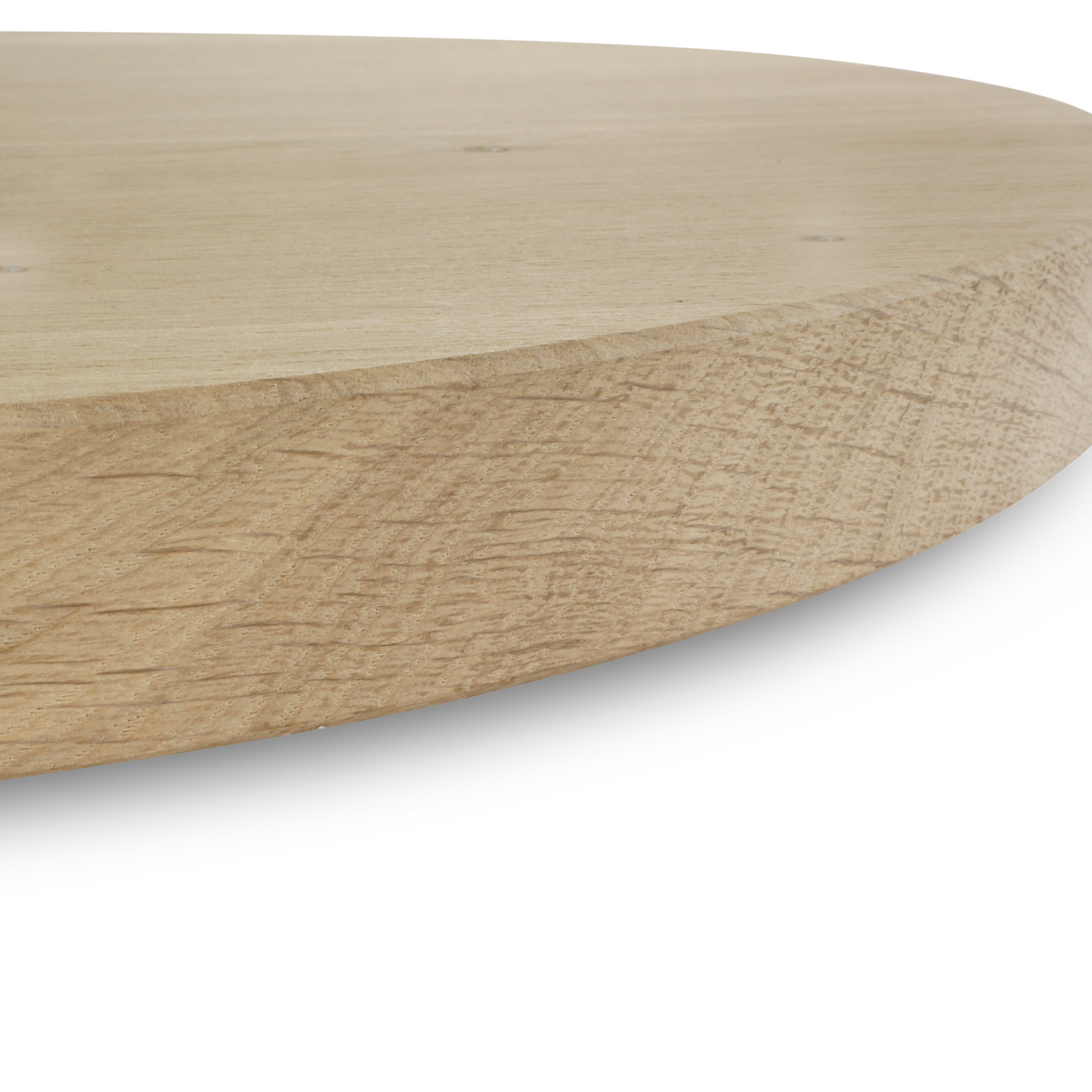  Rond eiken tafelblad op maat - 4 cm dik (1-laag) - rustiek Europees eikenhout - met brede lamellen (circa 10-12 cm)nhout - verlijmd kd 8-12% - diameter van 35 tot 117 cm