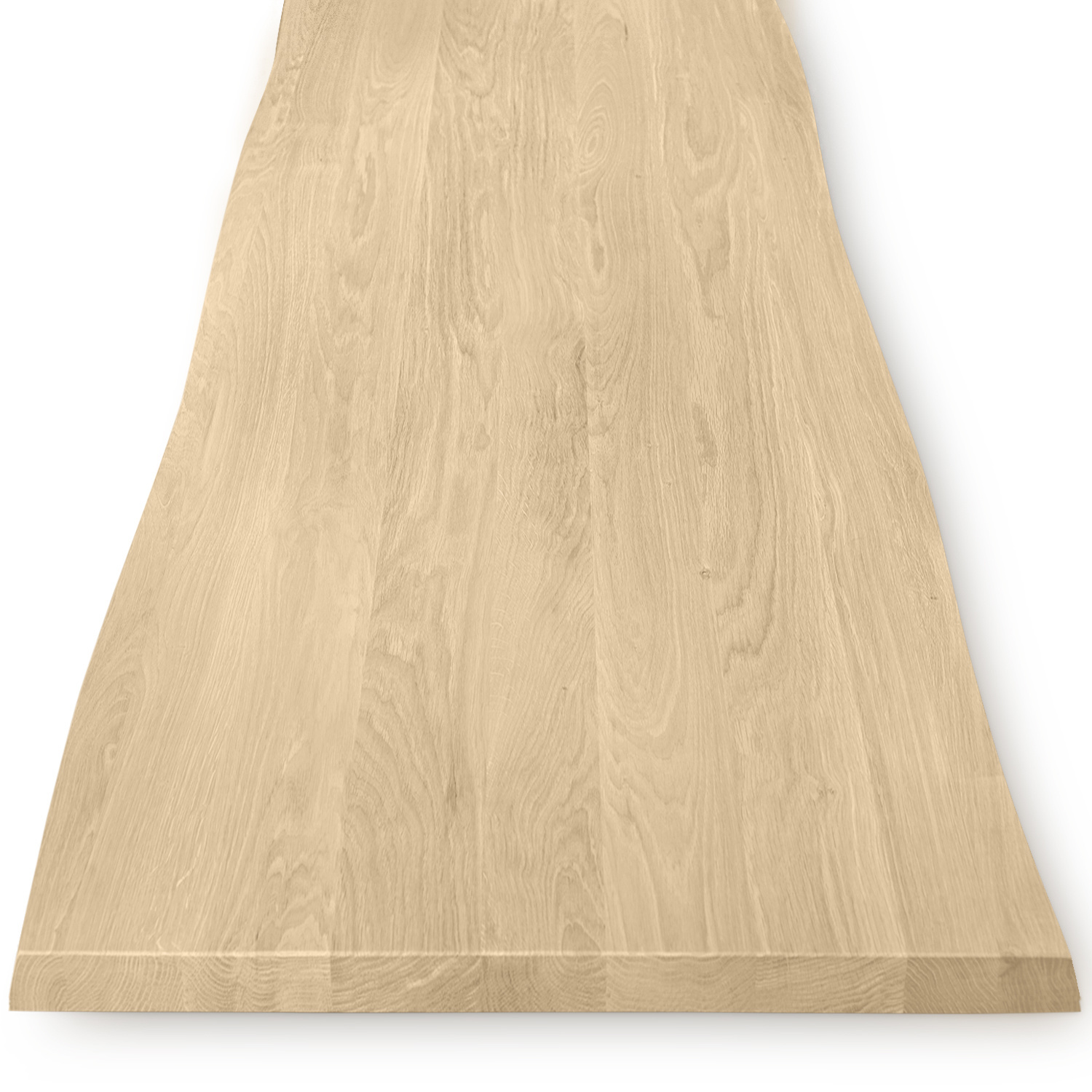  Eiken boomstam tafelblad op maat - 4 cm dik (1-laag) - met boomstam rand / waankant look - foutvrij Europees eikenhout - met brede lamellen (circa 10-12 cm) - verlijmd kd 8-12% - 50-120x50-248 cm