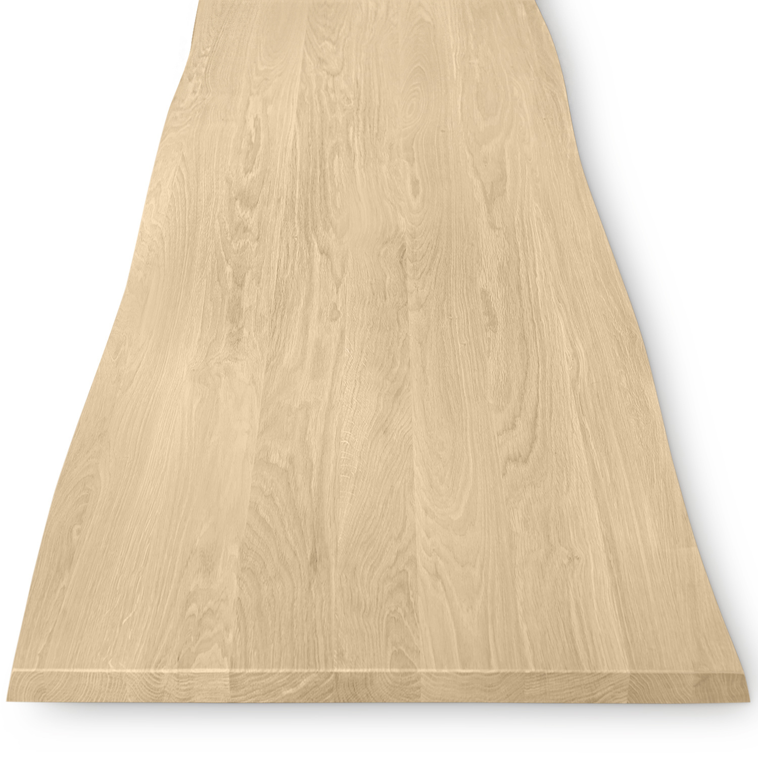  Eiken boomstam tafelblad op maat - 2,7 cm dik (1-laag) - met boomstam rand / waankant look - foutvrij Europees eikenhout - met brede lamellen (circa 10-12 cm) - verlijmd kd 8-12% - 50-120x50-248 cm