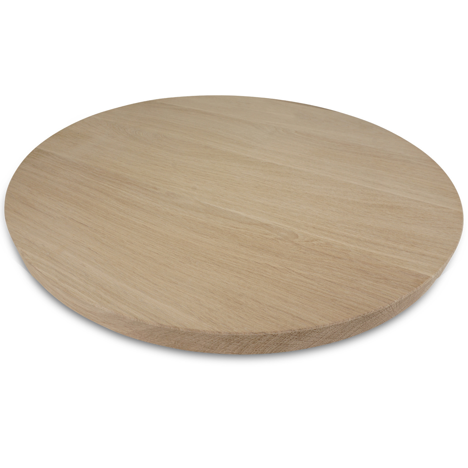  Rond eiken tafelblad op maat - 2,7 cm dik (1-laag) - foutvrij Europees eikenhout - met brede lamellen (circa 10-12 cm) - verlijmd kd 8-12% - diameter van 35 tot 117 cm