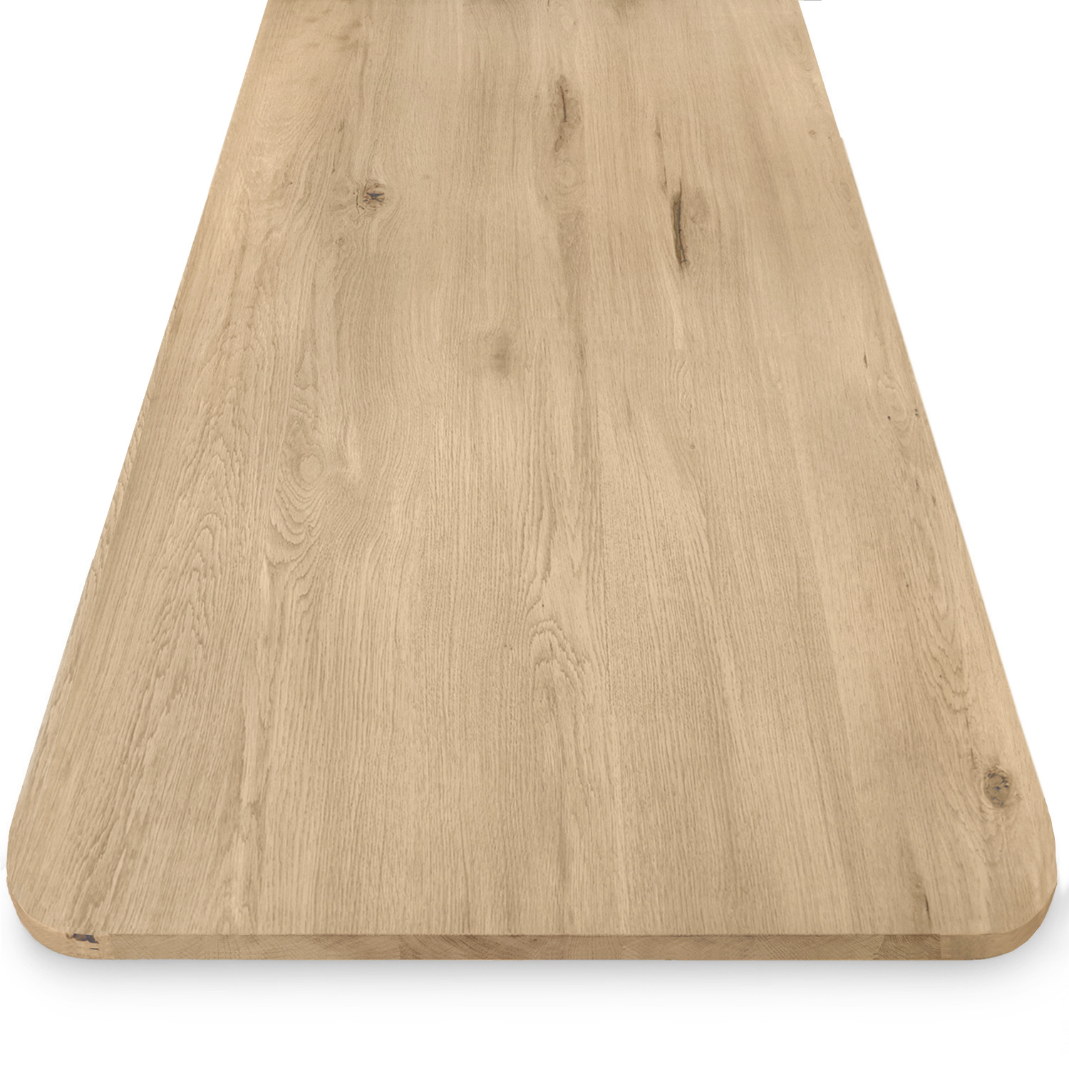  Eiken tafelblad met ronde hoeken - 3 cm dik (1-laag) - Diverse afmetingen - extra rustiek Europees eikenhout - met extra brede lamellen (circa 14-20 cm) - verlijmd kd 8-12%