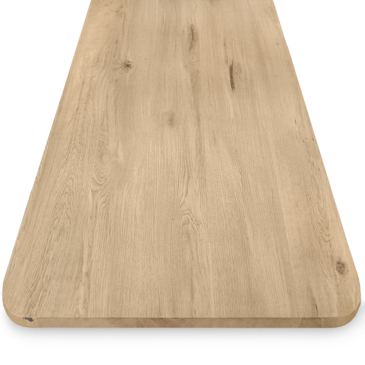 Eiken tafelblad met ronde hoeken - 4 cm dik (1-laag) - Diverse afmetingen - extra rustiek Europees eikenhout - met extra brede lamellen (circa 14-20 cm) - verlijmd kd 8-12%