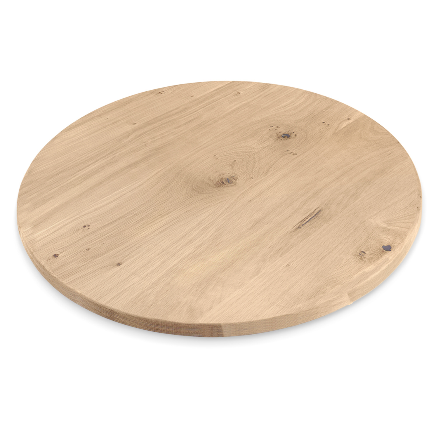  Rond eiken tafelblad op maat - 4 cm dik (1-laag) - extra rustiek Europees eikenhout - met extra brede lamellen (circa 14-20 cm)nhout - verlijmd kd 8-12% - diameter van 40 tot 117 cm