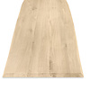 Eiken boomstam tafelblad op maat - 4 cm dik (1-laag) - met boomstam rand / waankant look - rustiek Europees eikenhout - met brede lamellen (circa 10-12 cm) - verlijmd kd 8-12% - 50-120x50-248 cm