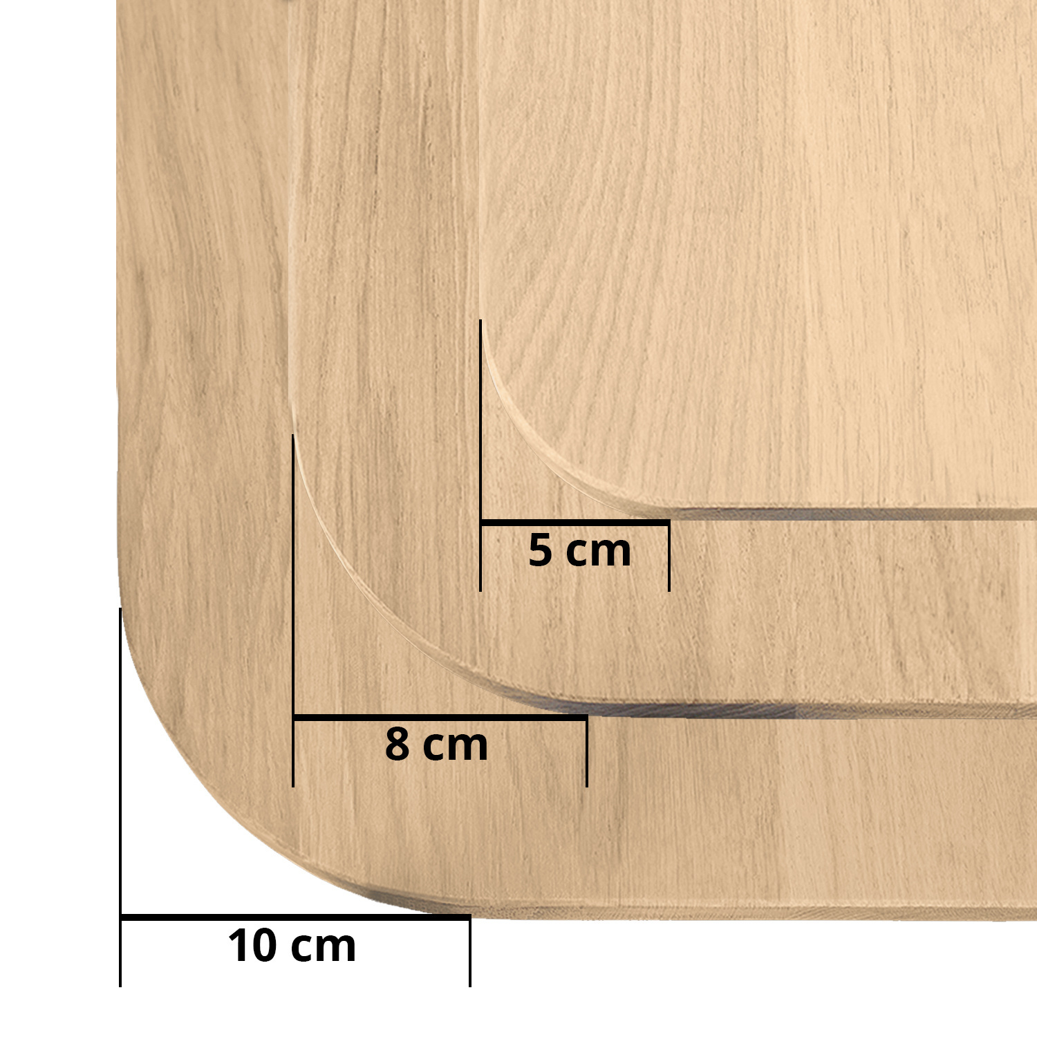  Eiken wandplank zwevend met ronde hoeken - op maat - 2,7 cm dik (1-laag) - rustiek - voorgeboord inclusief (blinde) bevestigingsbeugels - verlijmd Europees eikenhout rustiek - kd 8-12% - 20-30x50-248 cm - Afgeronde hoeken radius 5, 8, of 10 cm