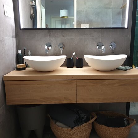 Eiken wastafelblad - op maat - 2,7 cm dik - foutvrij eikenhout (A/B) - verlijmd, brede lamel (9-12 cm) - 27 mm Eiken wastafelblad - op maat - 2,7 cm dik - foutvrij eikenhout (A/B) - verlijmd, brede lamel (9-12 cm) - 27 mm