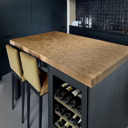 Eiken kops blad - op maat - 6 cm dik - foutvrij eikenhout (A/B) - blokjes van 4,3x4,6x6 cm - kops verlijmd paneel - 60 mm Eiken kops blad - op maat - 6 cm dik - foutvrij eikenhout (A/B) - blokjes van 4,3x4,6x6 cm - kops verlijmd paneel - 60 mm