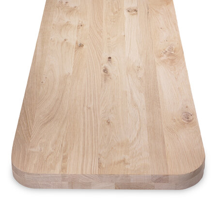Eiken tafelblad - ronde hoeken - op maat - 8 cm dik - 2-laags massief - rustiek eikenhout (B/C) - verlijmd, smalle lamel - 80 mm